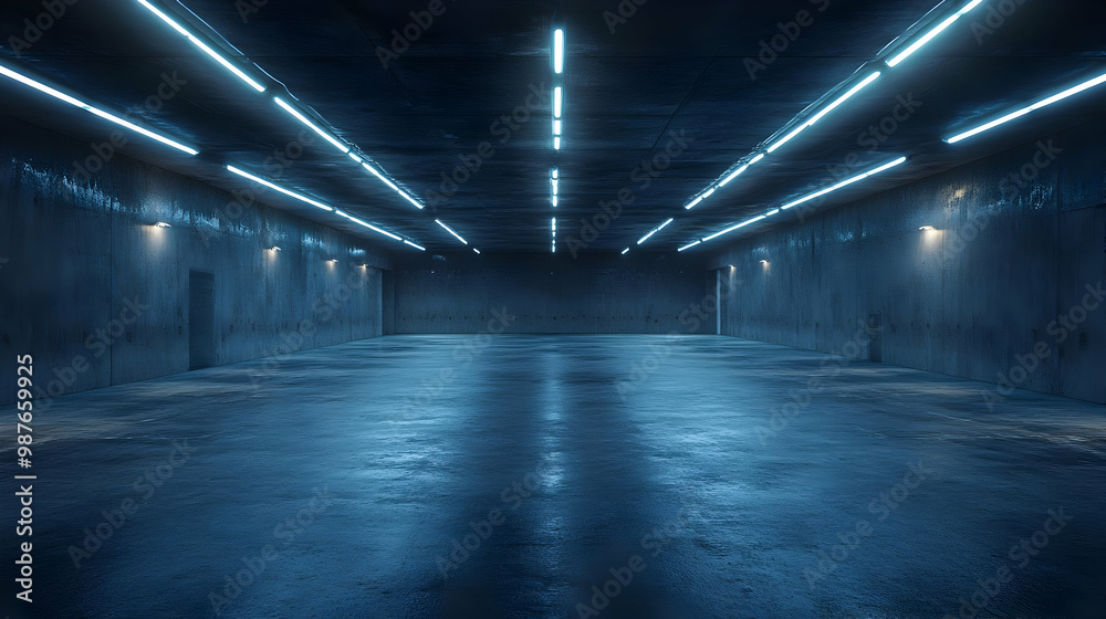 Blue Neon Lights in Concrete Tunnel 3D Render Blue Neon Lights in Concrete Tunnel 3D Render