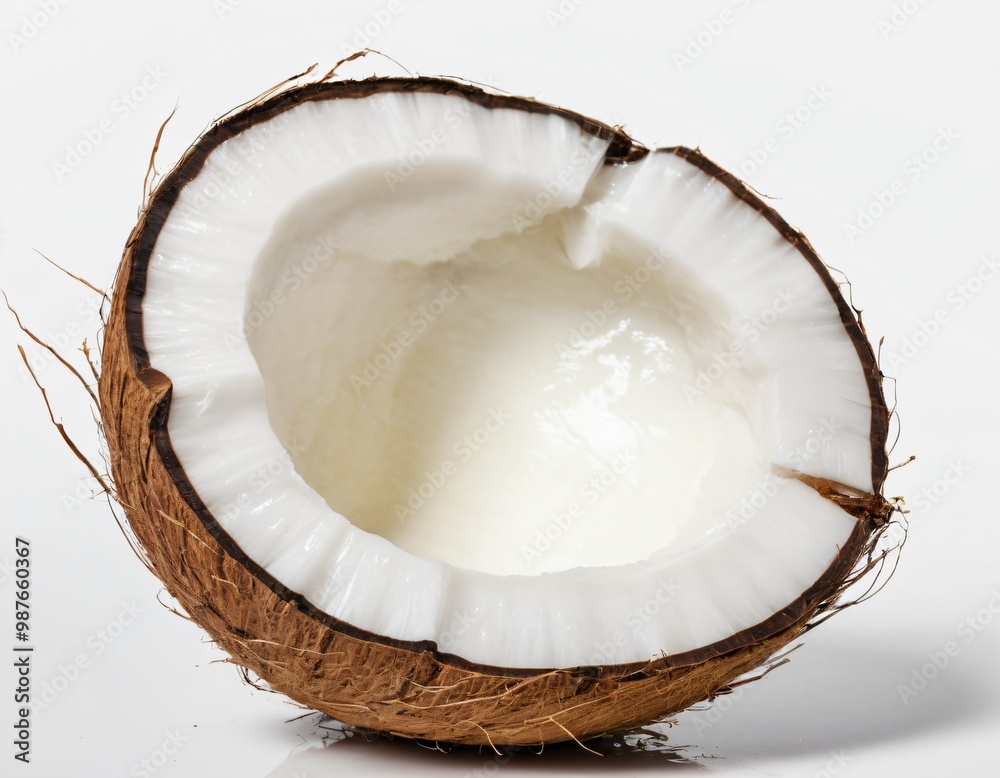 Flat lay of Coconut juice splash in half fruit isolated on white background. Ai generated image. Flat lay of Coconut juice splash in half fruit isolated on white background. Ai generated image.