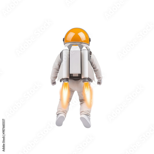Astronaut with a jetpack flying, white isolated background photo