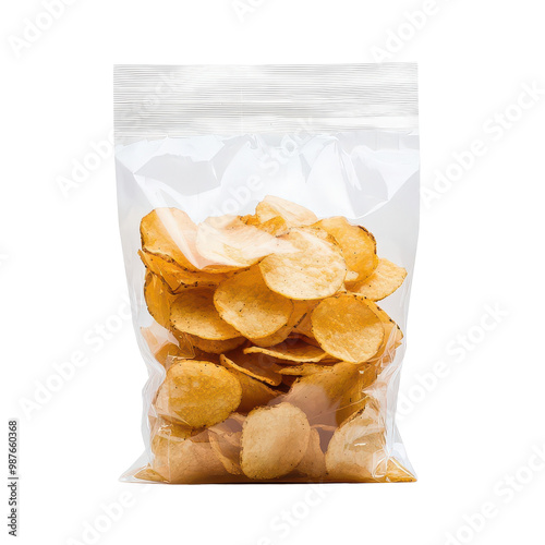 Bag of crisp potato chips, white isolated background photo