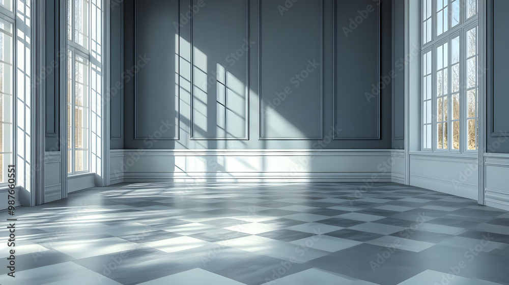 3D Rendering of an Empty Room with Checkered Floor and White Window Frames 3D Rendering of an Empty Room with Checkered Floor and White Window Frames