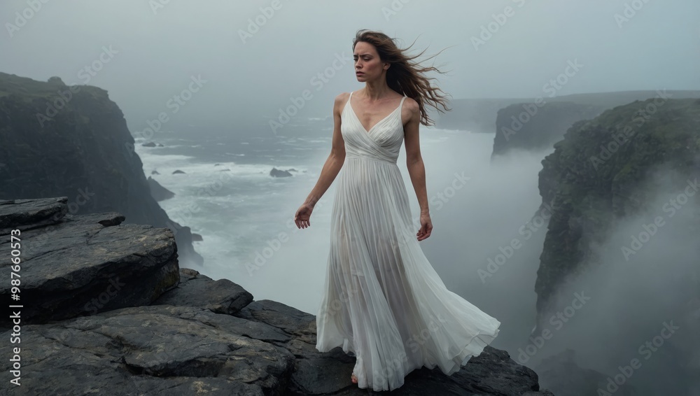 woman in white on the edge of a cliff woman in white on the edge of a cliff