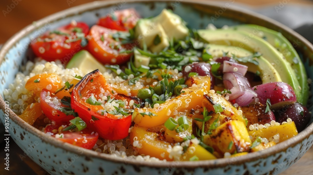 A colorful and healthy quinoa bowl with avocado, peppers, tomatoes and onions. A colorful and healthy quinoa bowl with avocado, peppers, tomatoes and onions.