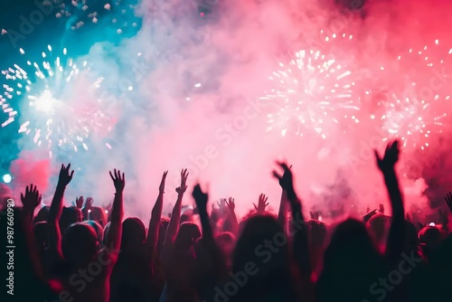 A vibrant scene of a crowd celebrating with raised hands under colorful fireworks, enveloped in smoke, creating an energetic festival atmosphere.