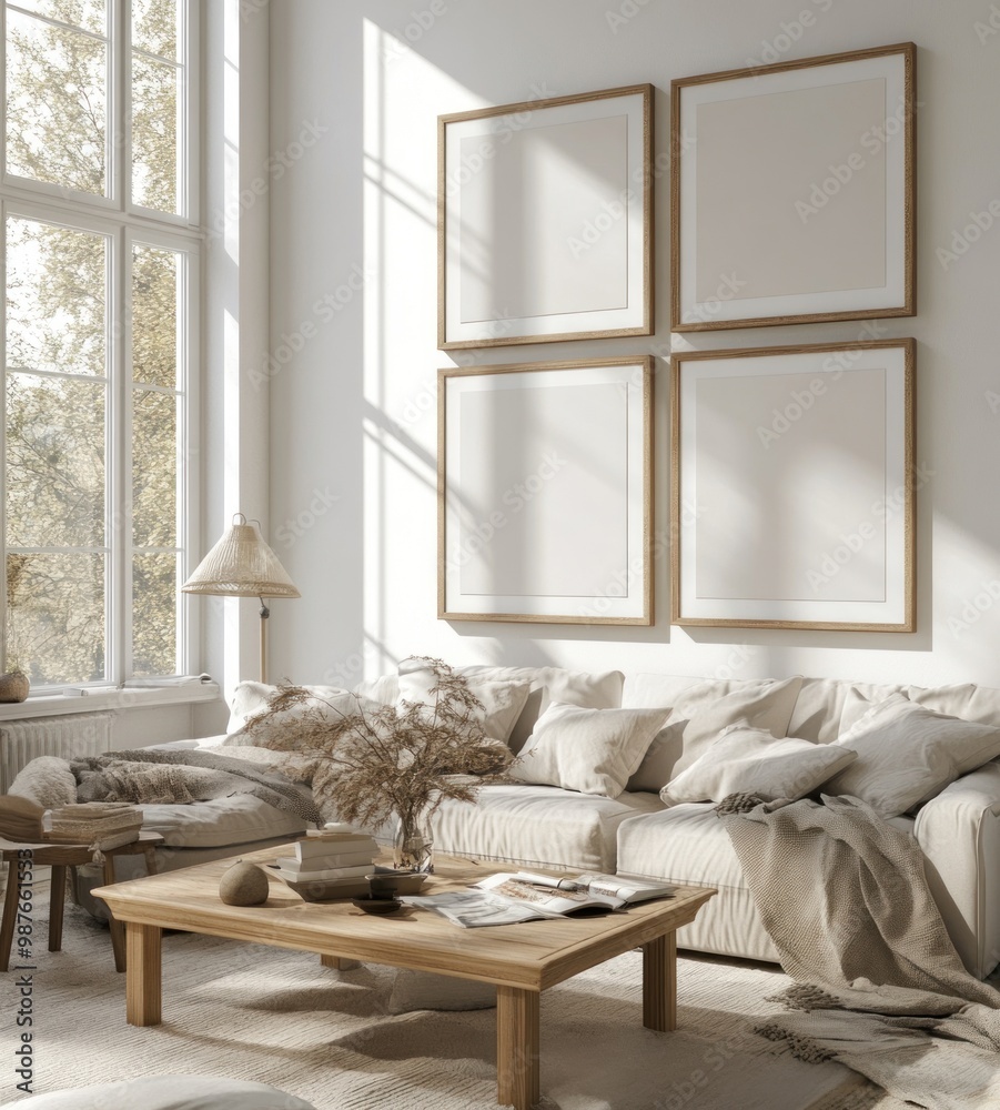 Cozy Living Room with Four Blank Frames Cozy Living Room with Four Blank Frames