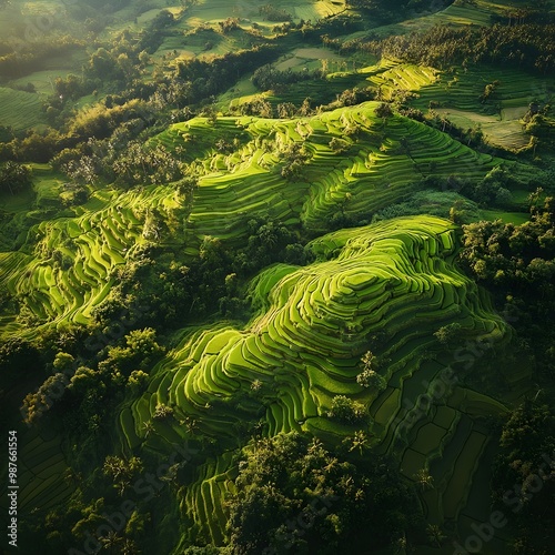 Green nature embracing rice hills in stunning aerial shot picture