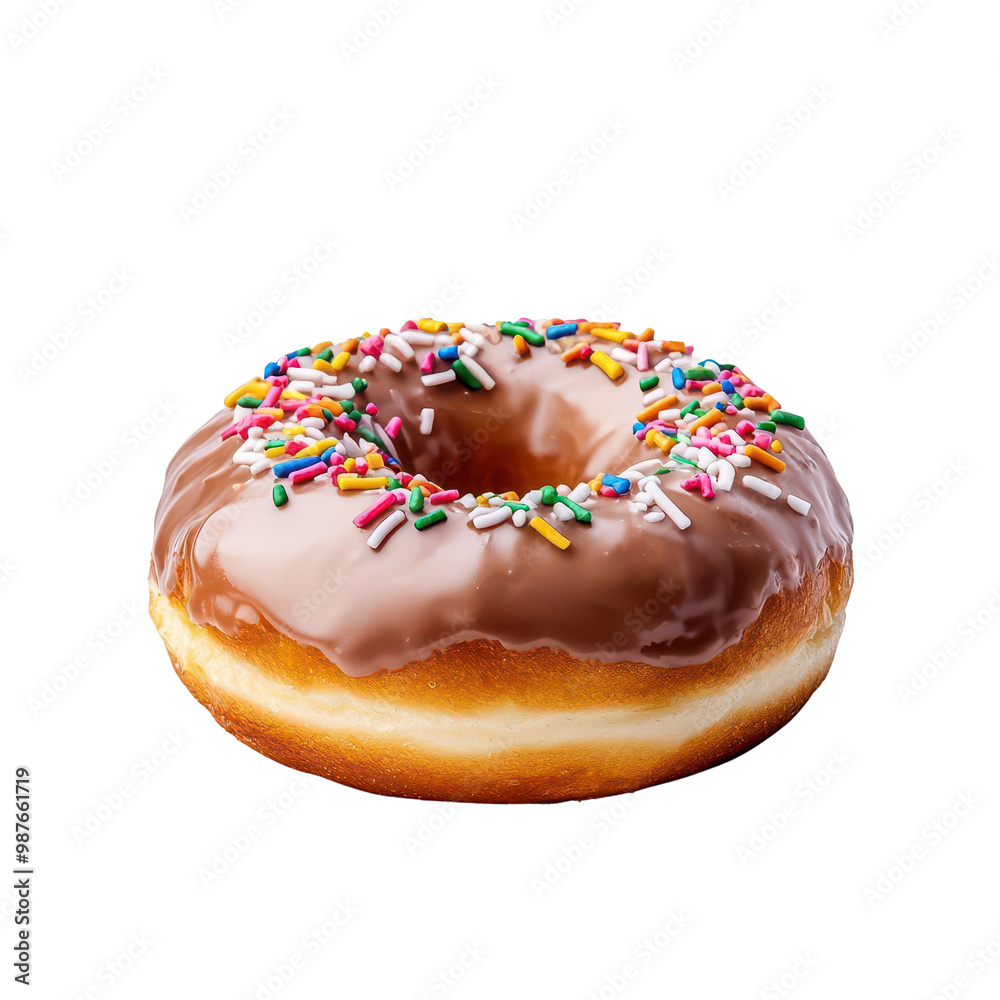 Chocolate frosted donut with colorful sprinkles, white background Chocolate frosted donut with colorful sprinkles, white background