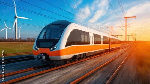 High-speed train in motion against a sunset backdrop with wind turbines and clear skies.