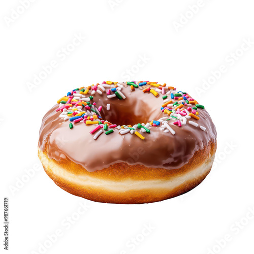 Chocolate frosted donut with colorful sprinkles, white background