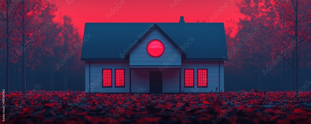 Modern house in a surreal landscape with red lighting and vibrant foliage. Modern house in a surreal landscape with red lighting and vibrant foliage.