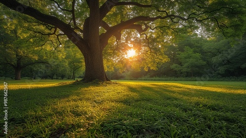 A majestic oak tree stands tall in a lush green forest, bathed in the golden light of the setting sun The tree's branches reach out towards the sky