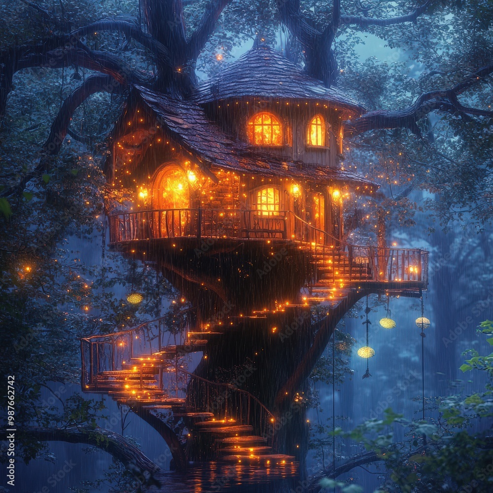 Naklejka premium Whimsical treehouse in heavy rain with glowing lights, magical forest scene