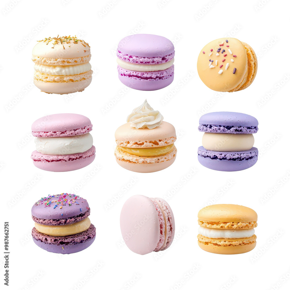 Colorful macarons displayed on a white isolated background. Colorful macarons displayed on a white isolated background.