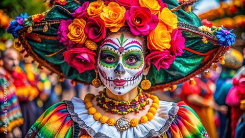 Elegant Catrina Figure in Traditional Mexican Attire Celebrating Day of the Dead Festival