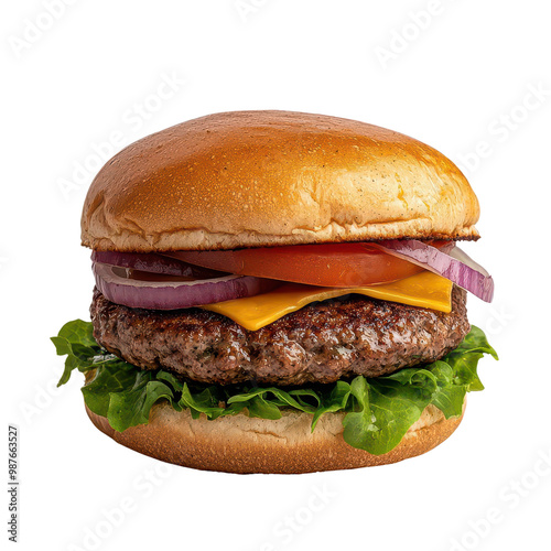 Delicious cheeseburger with fresh ingredients, white isolate background photo