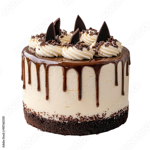 Delicious chocolate cake with cream and oreo garnish, white background