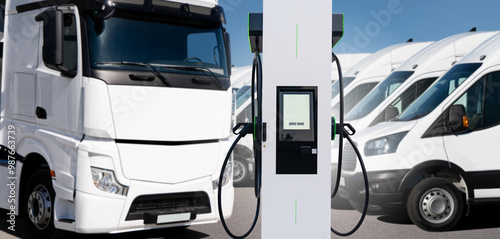 Electric vehicles charging station on a background of trucks and vans. Green fleet concept. photo