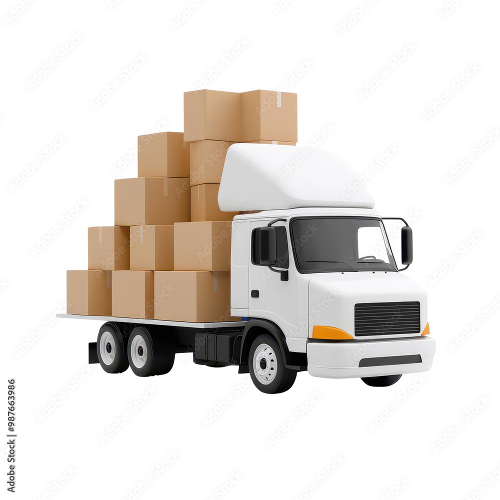 Delivery truck loaded with cardboard boxes, white isolate background