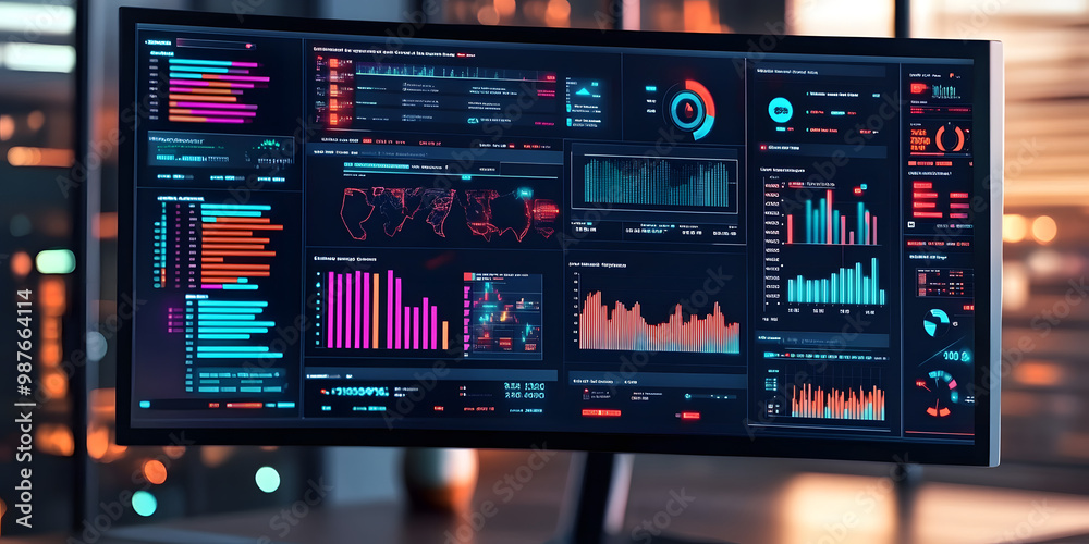 Computer monitor displaying an abstract network monitoring dashboard with real-time data analytics, graphs, and system health indicators, generative ai Computer monitor displaying an abstract network monitoring dashboard with real-time data analytics, graphs, and system health indicators, generative ai