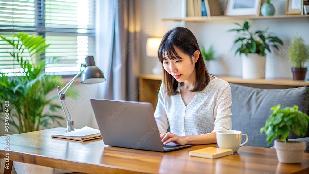 Young Japanese woman hard working on front of the laptop Young Japanese woman hard working on front of the laptop