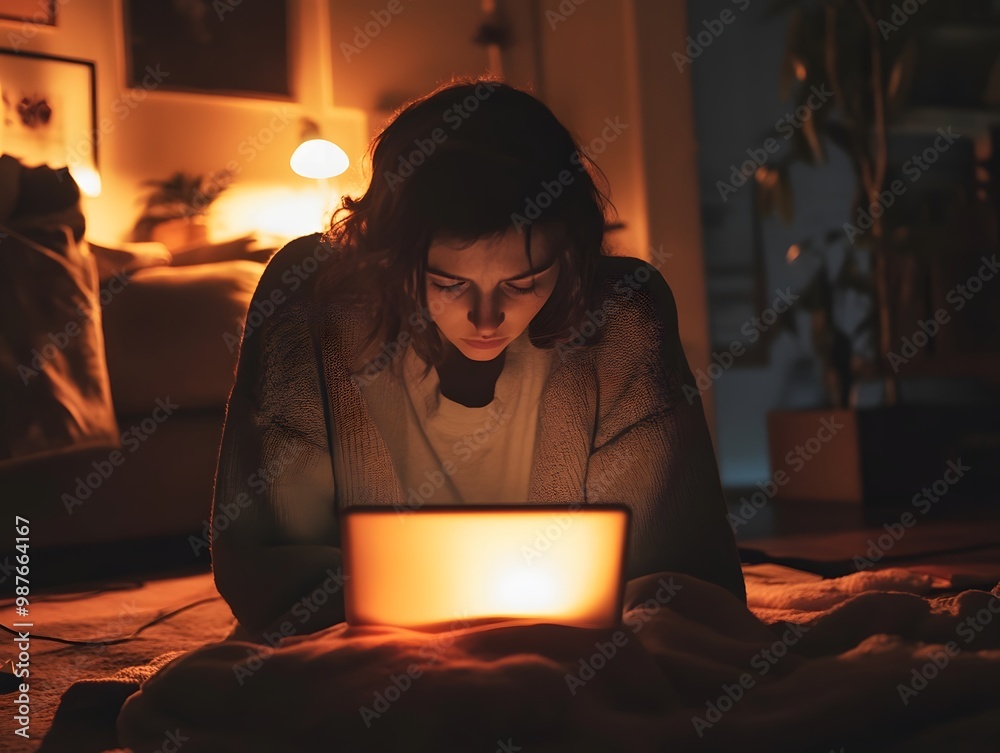 A Focused Man Working Late at Night on His Laptop in a Cozy Home Workspace A Focused Man Working Late at Night on His Laptop in a Cozy Home Workspace
