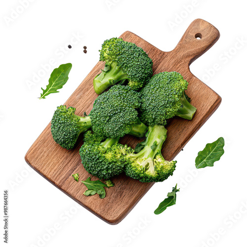 Fresh broccoli on a wooden cutting board, white isolate background photo