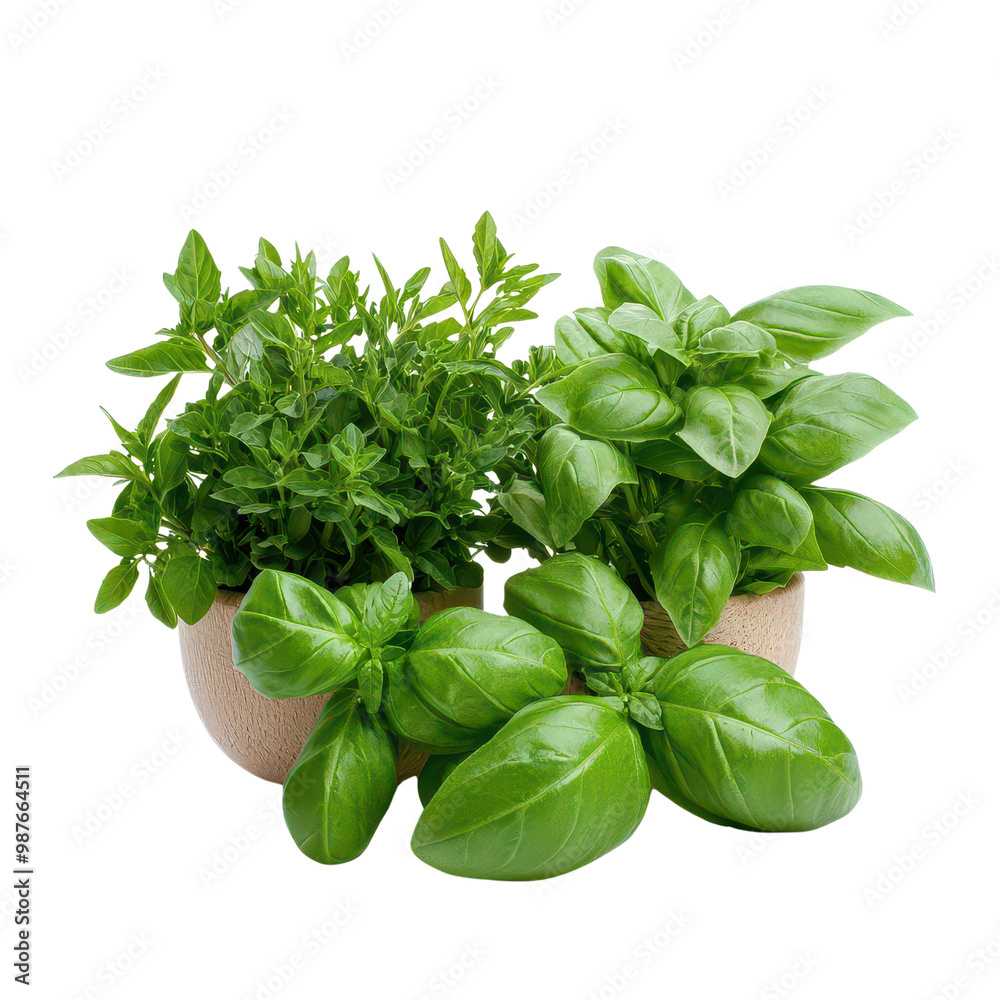 Fresh herbs in pots, white isolate background. Fresh herbs in pots, white isolate background.