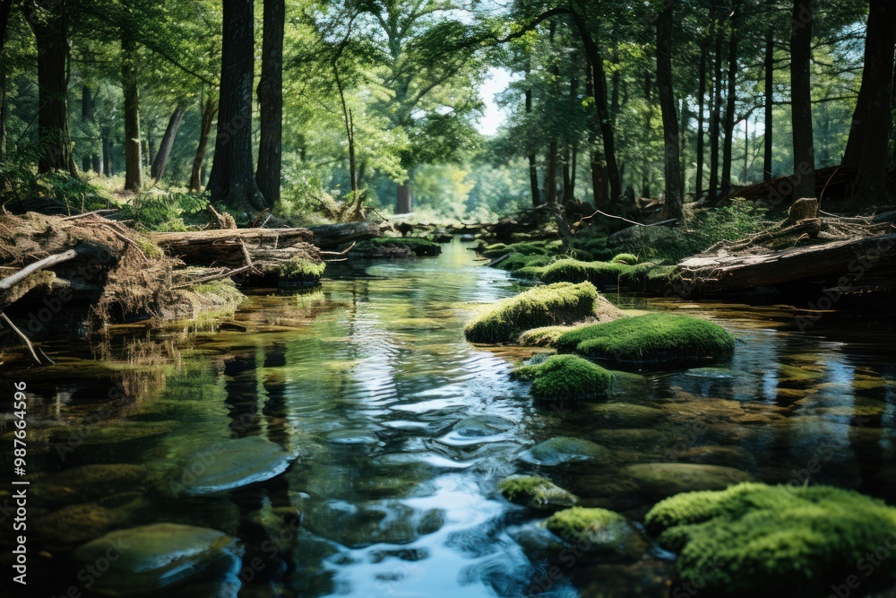 Clear waters of a stream reflect vibrant greenery, creating a peaceful ambiance Clear waters of a stream reflect vibrant greenery, creating a peaceful ambiance
