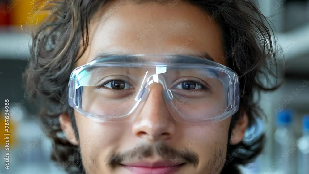 A young man with curly hair smiles confidently while wearing safety goggles in a bright laboratory, surrounded by various glass laboratory equipment. A young man with curly hair smiles confidently while wearing safety goggles in a bright laboratory, surrounded by various glass laboratory equipment.