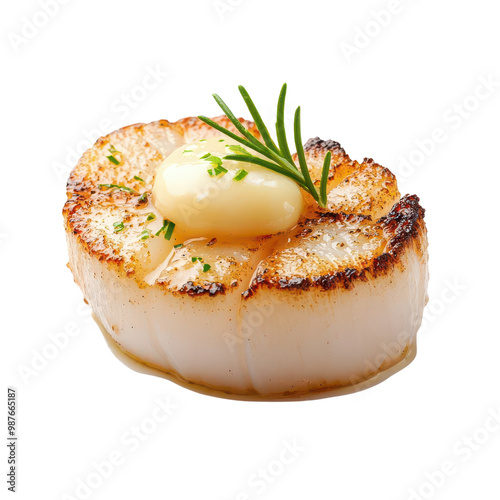 Grilled scallop with herb butter, white isolated background.