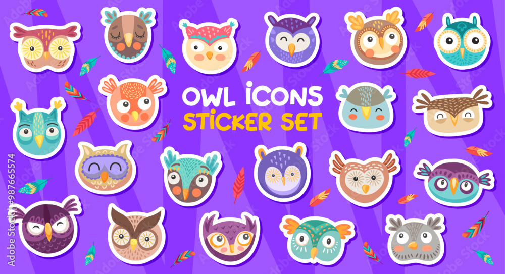 Cartoon owl bird characters stickers pack of funny cute faces, vector set for kids. Cartoon owl bird stickers of different faces with feathers and emotion expressions for kids kindergarten or book Cartoon owl bird characters stickers pack of funny cute faces, vector set for kids. Cartoon owl bird stickers of different faces with feathers and emotion expressions for kids kindergarten or book