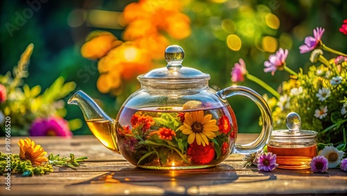 Elegant Floral Glass Teapot with Infuser for Tea Brewing and Serving in a Beautiful Setting