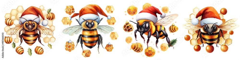 Obraz premium Festive bees in Santa hats surrounded by honey and treats, perfect for holiday-themed designs and illustrations.