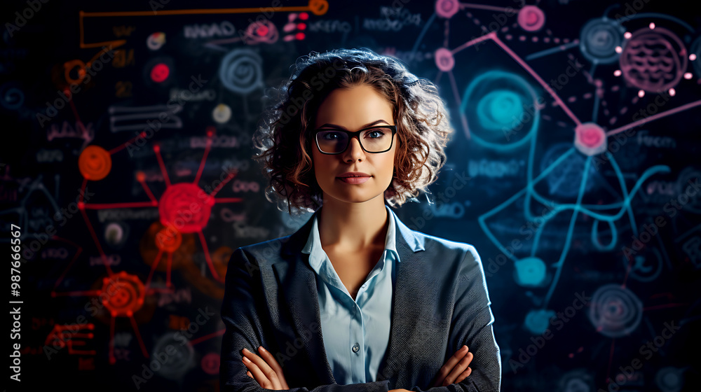 A smiling teacher stands confidently in front of a classroom chalkboard A smiling teacher stands confidently in front of a classroom chalkboard