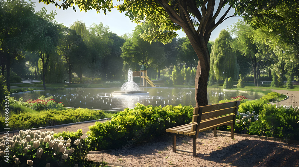 Fototapeta premium Serene Park Scene with Fountain and Bench