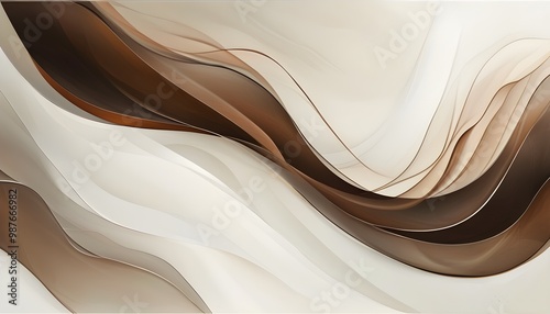 Elegant brown wallpaper with white antique background in a simple wavy design, featuring graceful curvy lines and a subtle rosy illustration art accent photo