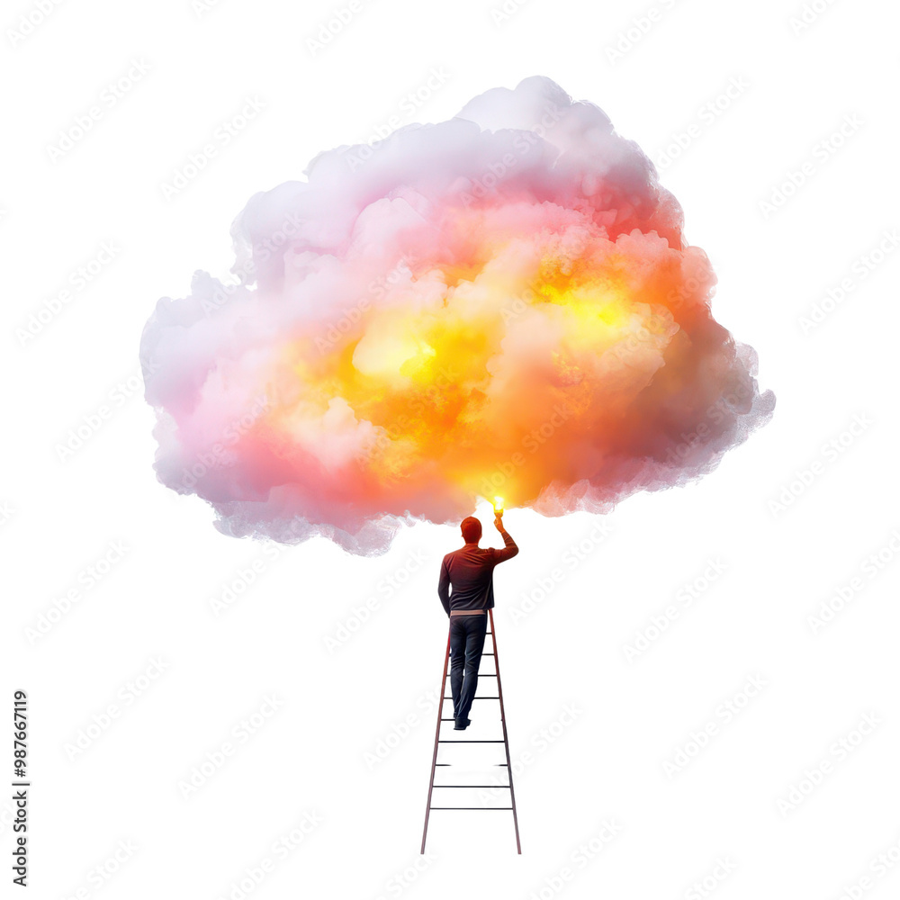 Person on ladder creating colorful cloud with bright hues, isolated background. Person on ladder creating colorful cloud with bright hues, isolated background.
