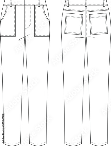 with pockets mid rise mid waist tapered straight denim jean pant trouser  template technical drawing flat sketch cad mockup fashion man design style model
