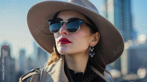 A medium close-up of a woman wearing a wide-brimmed hat, paired with large sunglasses and a chic trench coat, looking out over a city skyline. photo