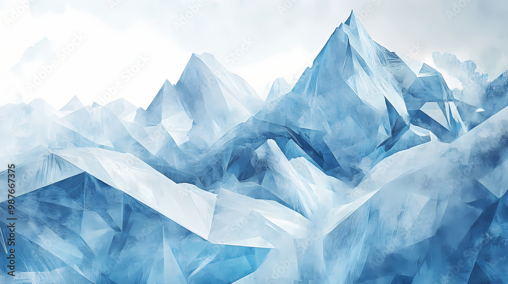 Obraz premium Snow peak abstract, white and icy blue geometric shapes, evoking winter mountain scenery. Frozen Tundra. Illustration