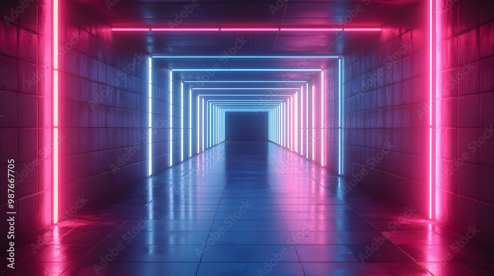 3D Neon Tunnel with Blue and Pink Lights