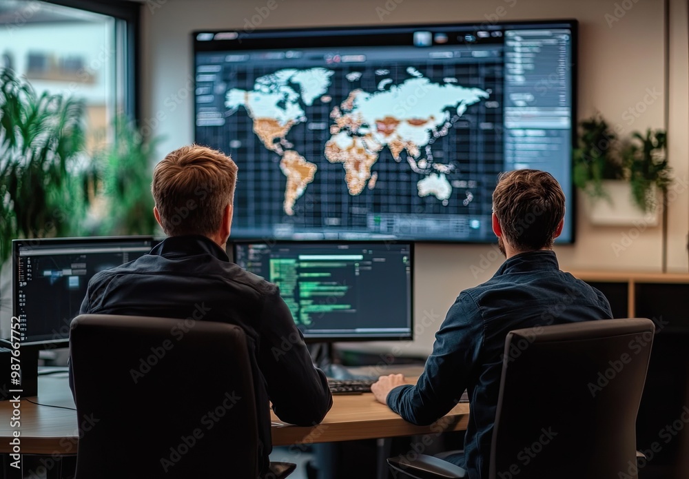 Two individuals working at computers in an office, analyzing a world map on a large screen. Two individuals working at computers in an office, analyzing a world map on a large screen.