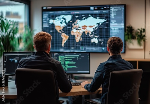 Two individuals working at computers in an office, analyzing a world map on a large screen.