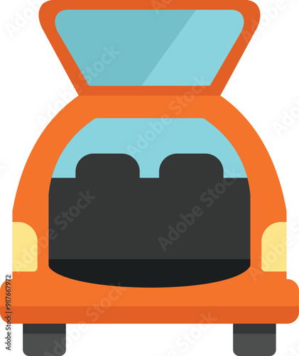 Orange car with open trunk is waiting for loading luggage for a family trip