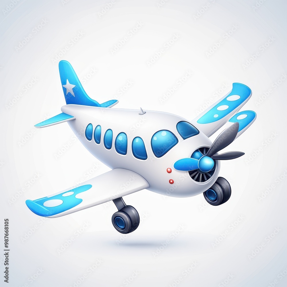 A cartoon-style airplane with a blue and white design, featuring a propeller and wheels. A cartoon-style airplane with a blue and white design, featuring a propeller and wheels.