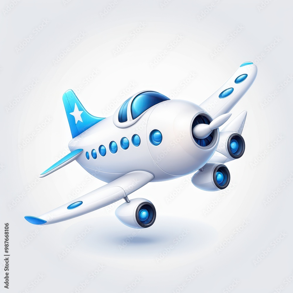 Naklejka premium A cartoon-style airplane with a blue and white design, ideal for children's graphics and illustrations.