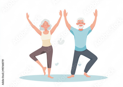 Elderly couple doing yoga together, flat vector illustration with white background and blue pastel color scheme