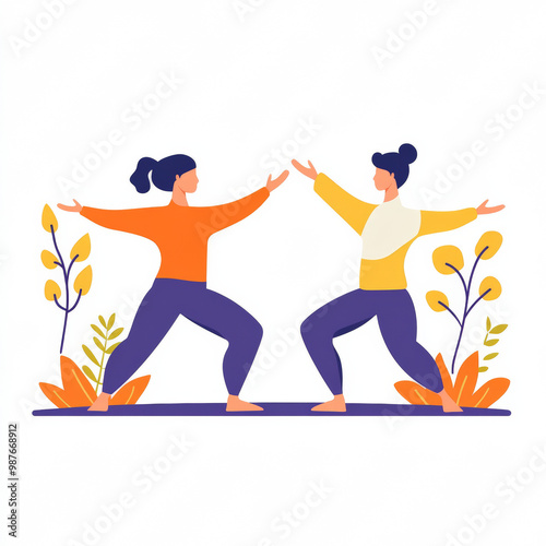 A simple flat illustration men and women doing qigong with soft purple and orange tones