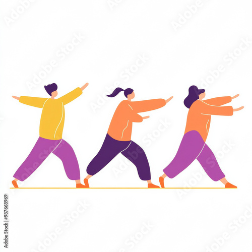 A simple flat illustration men and women doing qigong with soft purple and orange tones