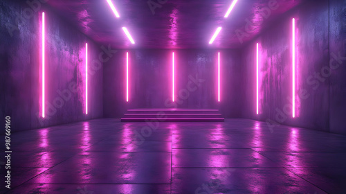 Purple Neon Lights in a Concrete Room 3D Illustration